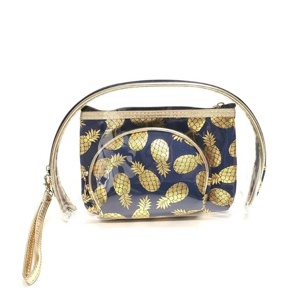 3 Pc Metallic Pineapple Clear Travel Pouch Set. - Picture 1 of 1